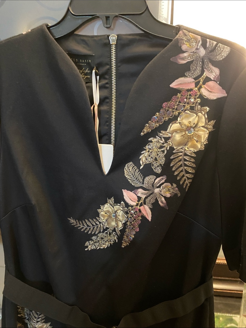 NWT, Ted Baker Black Midi Dress with Pink and Gold Floral Embroidery - Picture 6 of 6